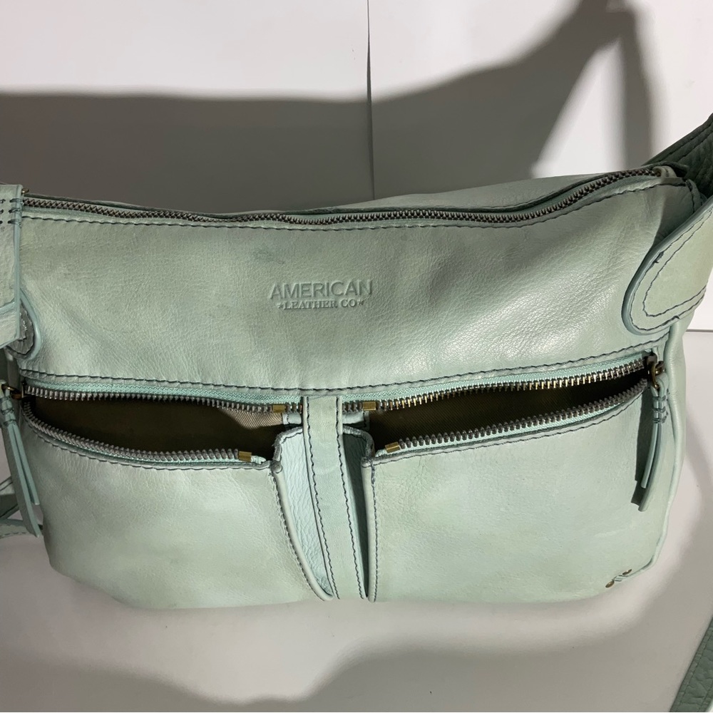American Leather Company Leather Hanover Mint Green Two Front Zip Pockets Bag - Picture 6 of 16